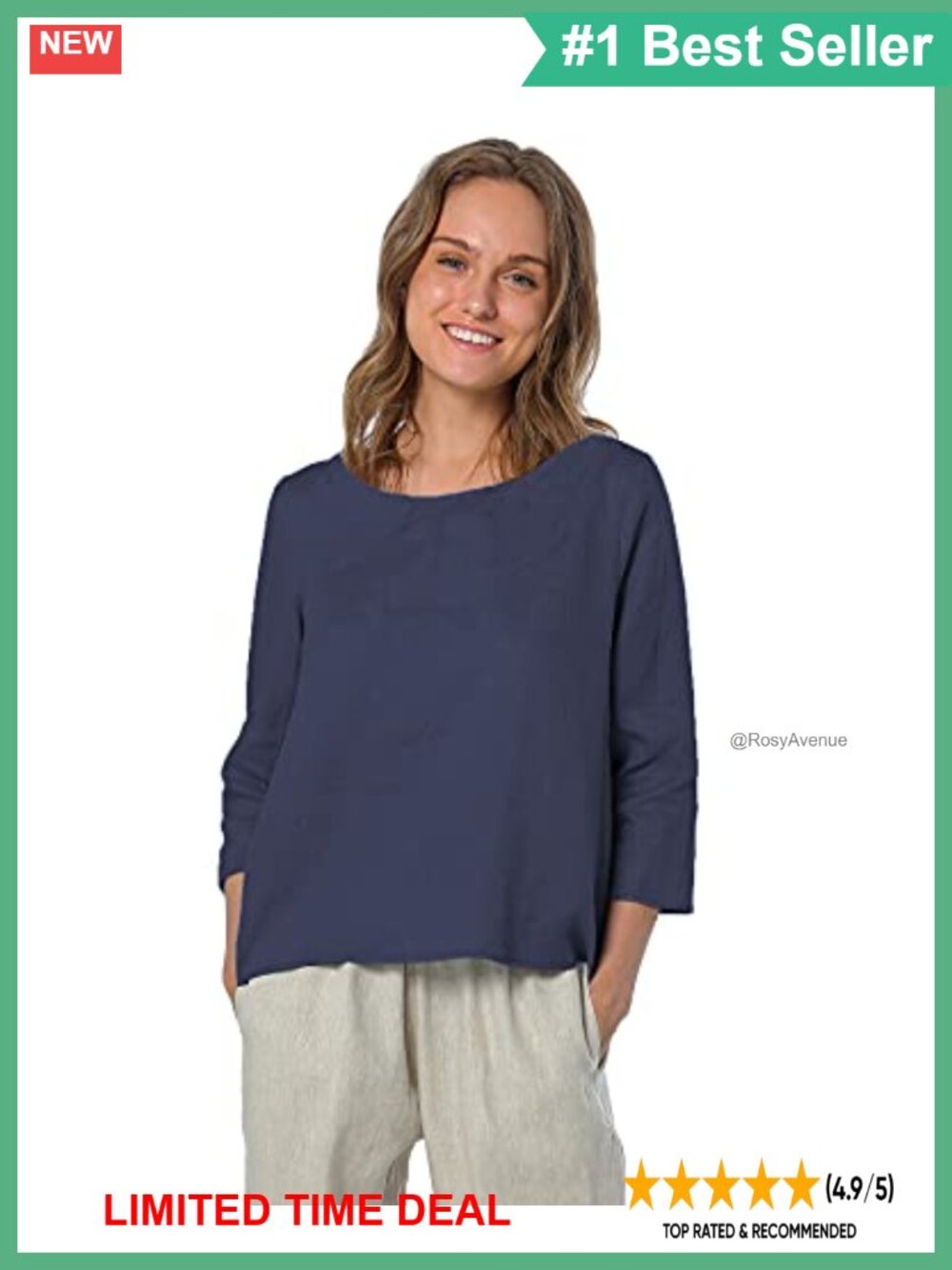 100% Linen 3/4 Sleeve Crew Neck Relaxed Fit Summer Blouse